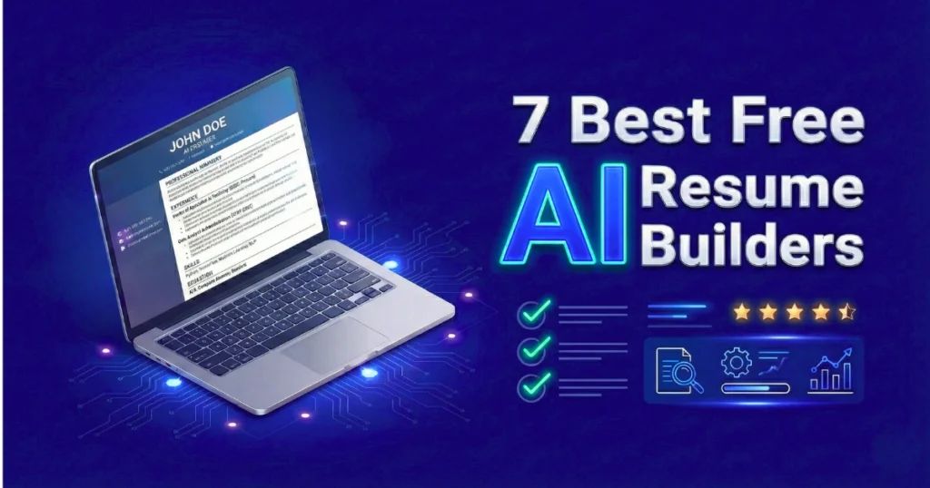 Feature image showing a laptop with a resume on screen and the text “7 Best Free AI Resume Builders” on a blue tech background.