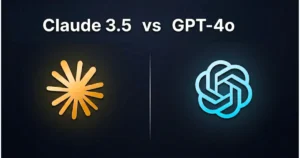 Claude 3.5 vs GPT-4o comparison feature image with Anthropic’s gold sunburst logo and OpenAI’s cyan knot logo on a dark gradient background.