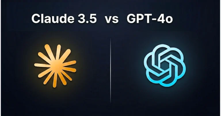 Claude 3.5 vs GPT-4o comparison feature image with Anthropic’s gold sunburst logo and OpenAI’s cyan knot logo on a dark gradient background.