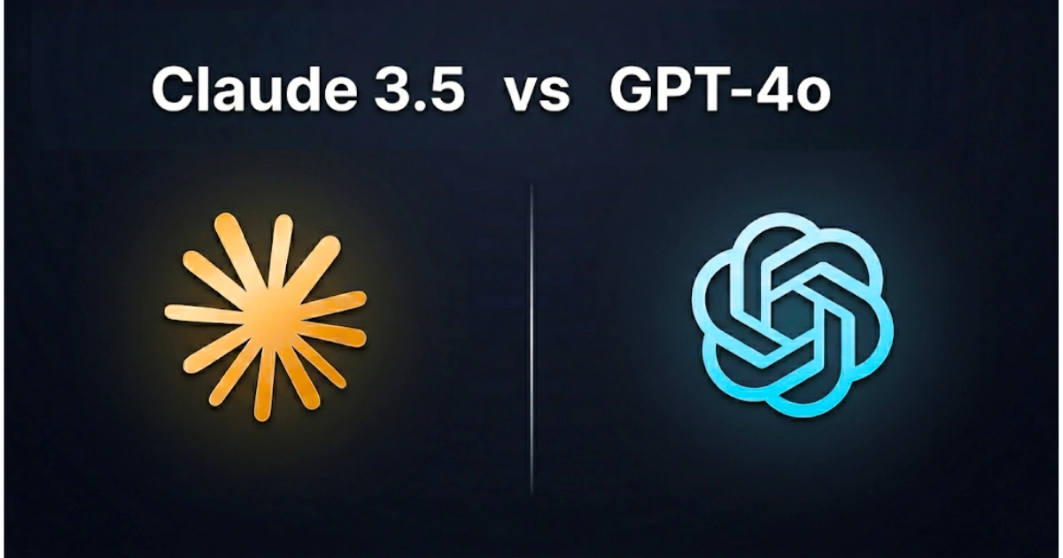 Claude 3.5 vs GPT-4o comparison feature image with Anthropic’s gold sunburst logo and OpenAI’s cyan knot logo on a dark gradient background.