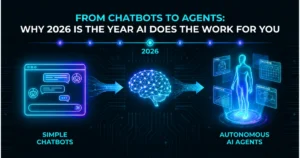 Futuristic illustration showing the evolution from simple chatbots to autonomous AI agents in 2026, with a glowing chatbot interface transforming into a holographic AI assistant managing email, calendar, and analytics dashboards against a neon blue tech background.