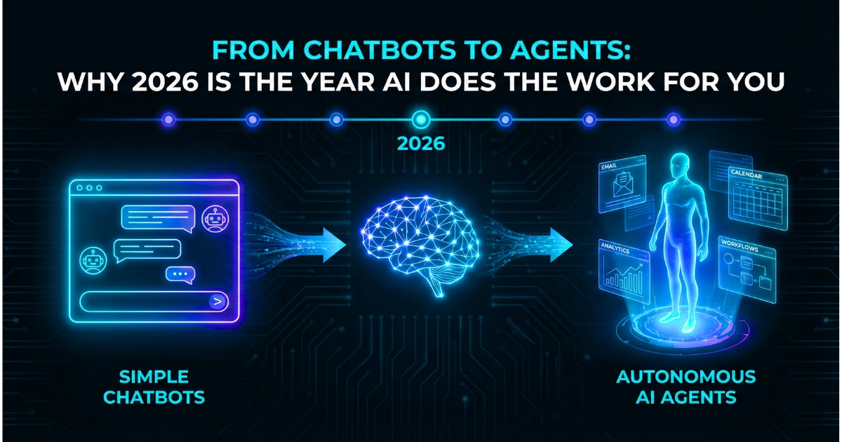 Futuristic illustration showing the evolution from simple chatbots to autonomous AI agents in 2026, with a glowing chatbot interface transforming into a holographic AI assistant managing email, calendar, and analytics dashboards against a neon blue tech background.
