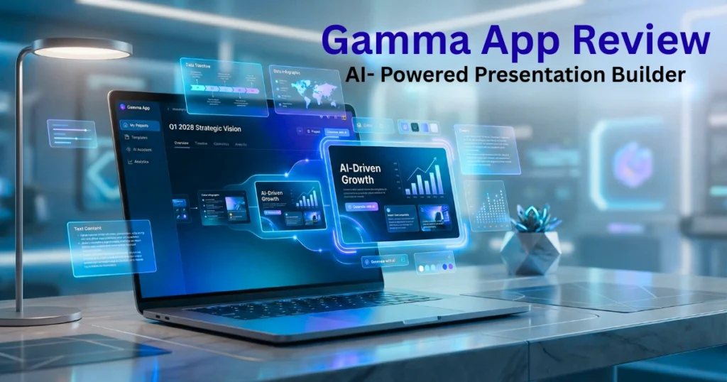 Gamma App Review feature image showing AI-powered presentation builder interface on a laptop with interactive data visuals and growth charts.