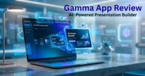 Gamma App Review feature image showing AI-powered presentation builder interface on a laptop with interactive data visuals and growth charts.