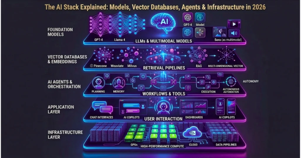 Visual diagram explaining the AI stack in 2026 with layers for foundation models, vector databases, AI agents, application interfaces, and infrastructure such as GPUs, cloud, and data pipelines.