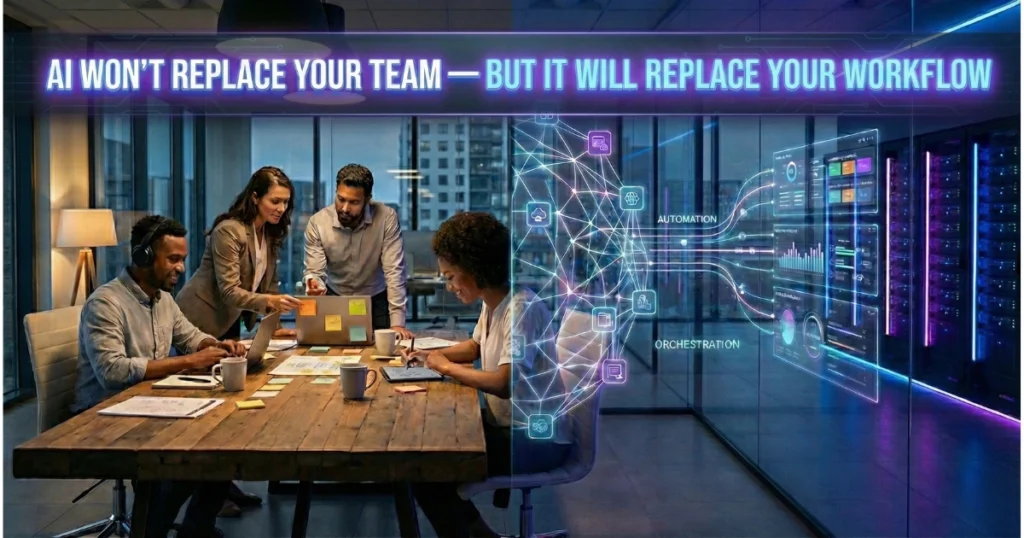 Split-screen feature image illustrating a human team collaborating alongside futuristic AI data workflows, with the headline text "AI Won't Replace Your Team — But It Will Replace Your Workflow."