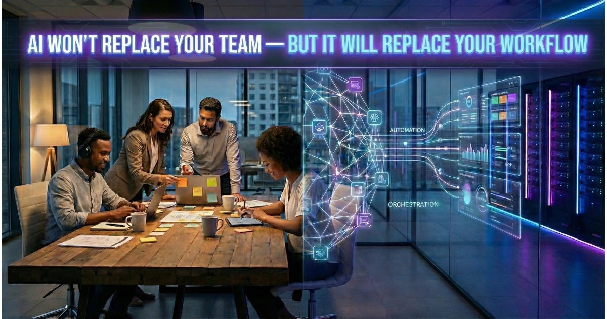 Split-screen feature image illustrating a human team collaborating alongside futuristic AI data workflows, with the headline text "AI Won't Replace Your Team — But It Will Replace Your Workflow."
