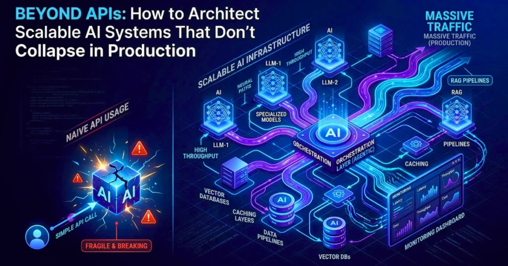 Diagram comparing fragile naive AI API usage with scalable AI system architecture including orchestration layer, LLM models, vector databases, RAG pipelines, caching, and monitoring for production traffic.