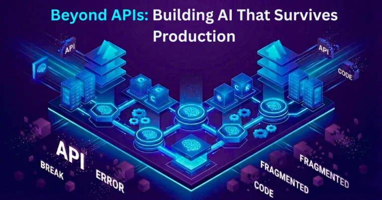 Neon illustration of AI system architecture with interconnected servers and data nodes representing scalable production infrastructure.