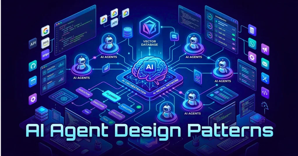 AI agent design patterns architecture showing multiple AI agents connected to a central AI system with vector database, APIs, and developer tools.