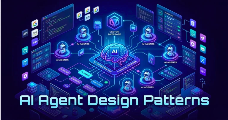 AI agent design patterns architecture showing multiple AI agents connected to a central AI system with vector database, APIs, and developer tools.
