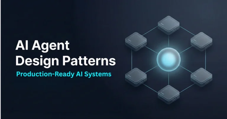 AI Agent Design Patterns architecture diagram with central AI core connected to modular components, representing production-ready intelligent systems.