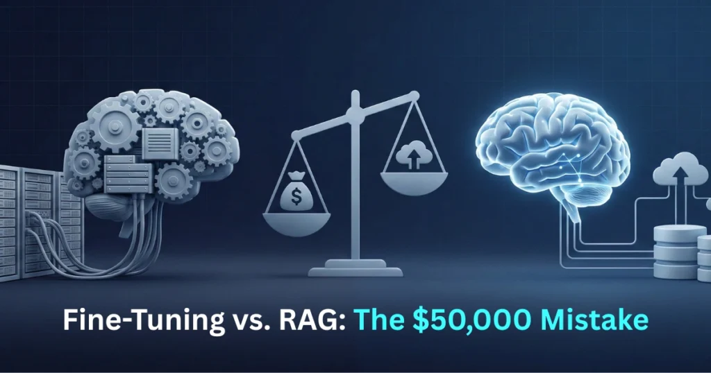 Fine-tuning vs RAG comparison illustration showing cost difference between approaches