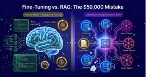 Illustration comparing AI fine-tuning vs RAG, showing a trained neural network brain on one side and a retrieval system connecting databases and vector search on the other.