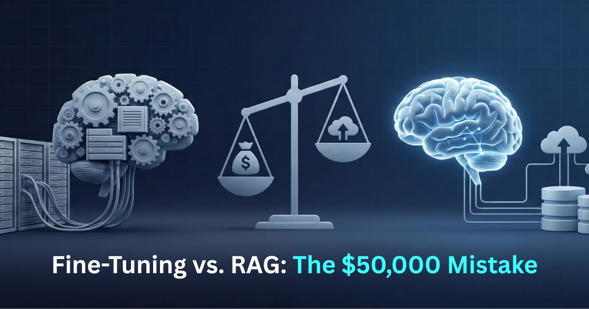 Fine-tuning vs RAG comparison illustration showing cost difference between approaches