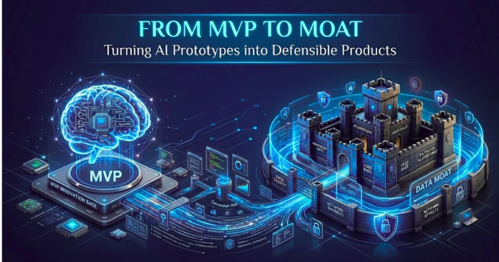 AI product strategy illustration showing transformation from MVP prototype to a secure data moat, symbolized by a digital brain and fortified castle connected by data pipelines.