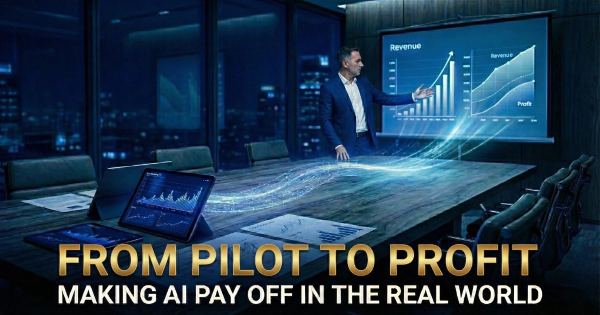 An image of a man in a business suit in a dark boardroom, pointing at revenue and profit charts on a screen. A blue digital data stream flows from the table to the screen. The text "FROM PILOT TO PROFIT: MAKING AI PAY OFF IN THE REAL WORLD" is at the bottom.