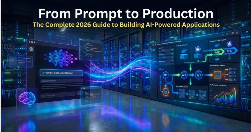 AI-powered application development concept showing prompt interface transforming into production system inside a futuristic data center.