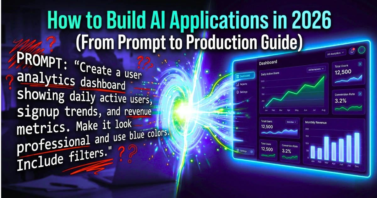How to build AI applications in 2026 from prompt to production, showing a text prompt transforming into a modern analytics dashboard with charts and metrics