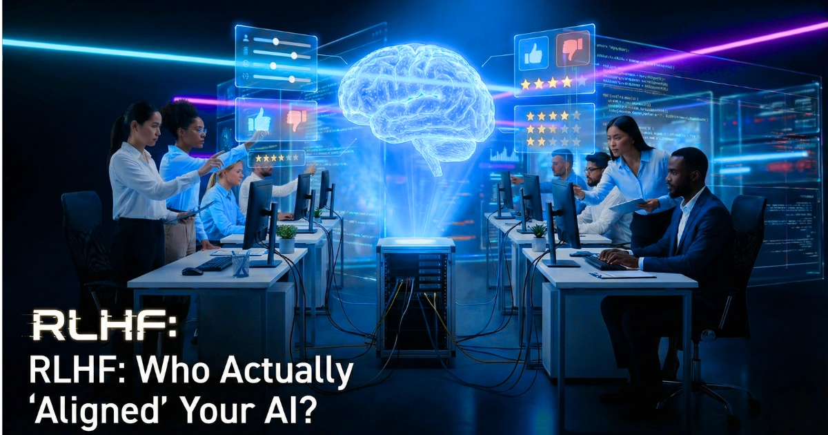 AI trainers reviewing feedback and ratings as a glowing digital brain hovers above a central server, representing RLHF and human AI alignment.