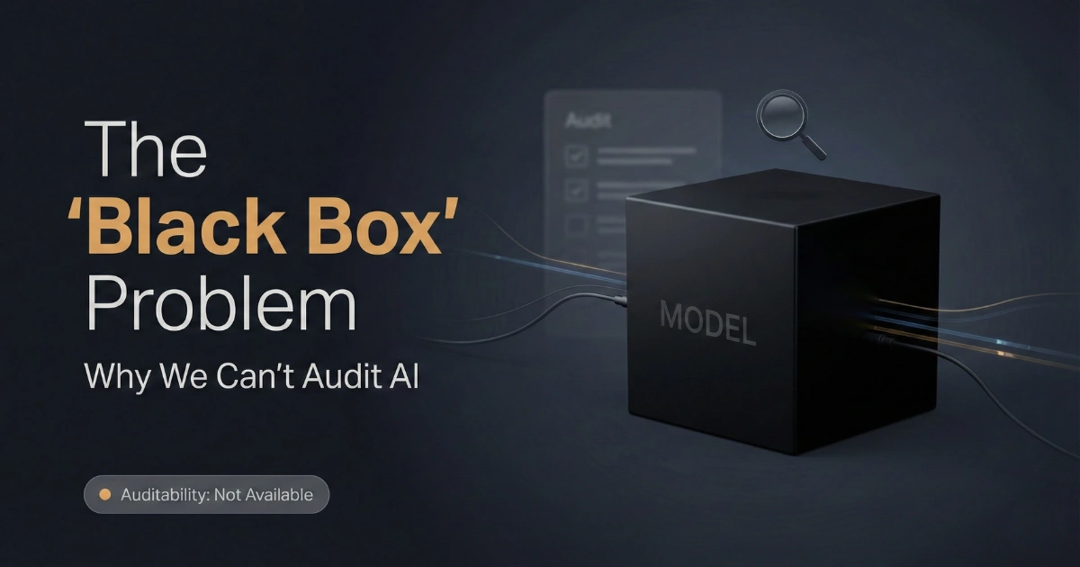 Dark, minimalist feature image showing the title “The ‘Black Box’ Problem: Why We Can’t Audit AI” beside a black cube labeled “MODEL,” with cables flowing in and out, a faint audit checklist in the background, and a badge reading “Auditability: Not Available.”