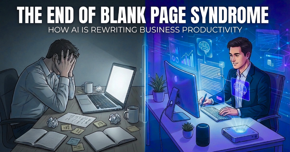 Split illustration of a frustrated writer with a blank page contrasted with a professional using AI tools to generate content and boost productivity.