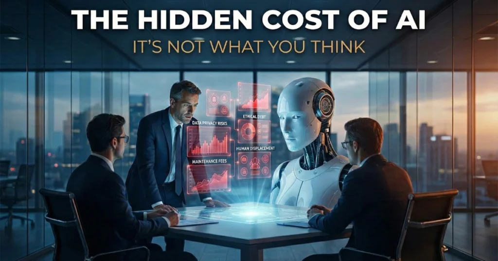 Corporate leaders discussing hidden AI costs as a humanoid robot displays data on maintenance fees, ethical risks, and human displacement.