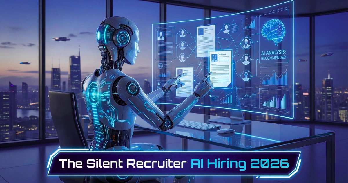 AI robot recruiter reviewing candidate data on holographic hiring dashboard in futuristic office.