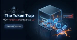 A conceptual illustration for 'The Token Trap' blog post, showing a cracking glass cube labeled 'UNLIMITED CONTEXT' with glowing tokens spilling out, indicating a 'Token Limit Reached' failure.