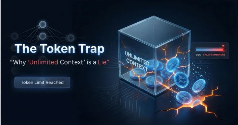 A conceptual illustration for 'The Token Trap' blog post, showing a cracking glass cube labeled 'UNLIMITED CONTEXT' with glowing tokens spilling out, indicating a 'Token Limit Reached' failure.