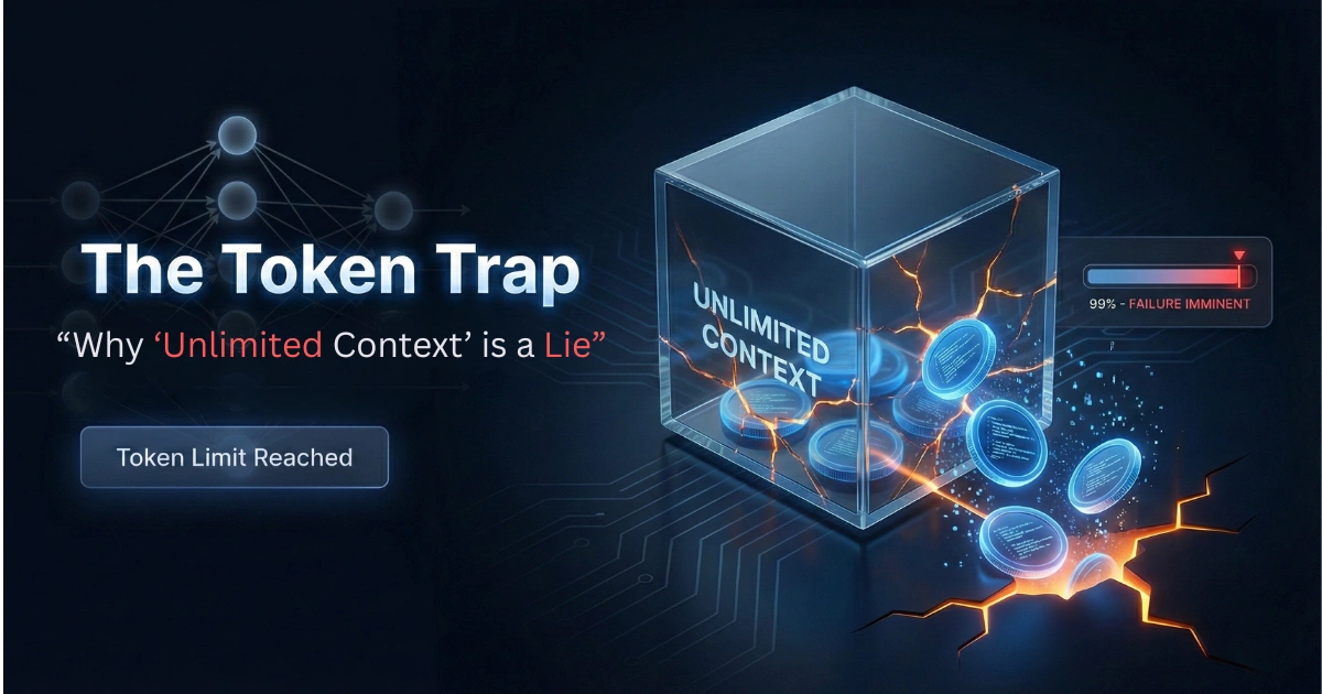 A conceptual illustration for 'The Token Trap' blog post, showing a cracking glass cube labeled 'UNLIMITED CONTEXT' with glowing tokens spilling out, indicating a 'Token Limit Reached' failure.