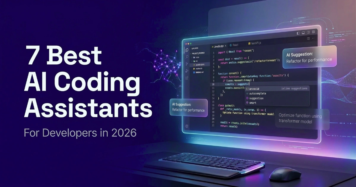 7 best AI coding assistants for developers in 2026 with futuristic code editor and AI suggestions interface