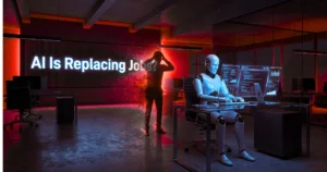 AI robot working at a desk while a human fades away, symbolizing AI replacing jobs