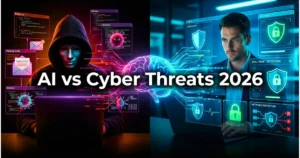 AI in cybersecurity 2026 showing hacker vs defender with AI-powered cyber attacks and security systems