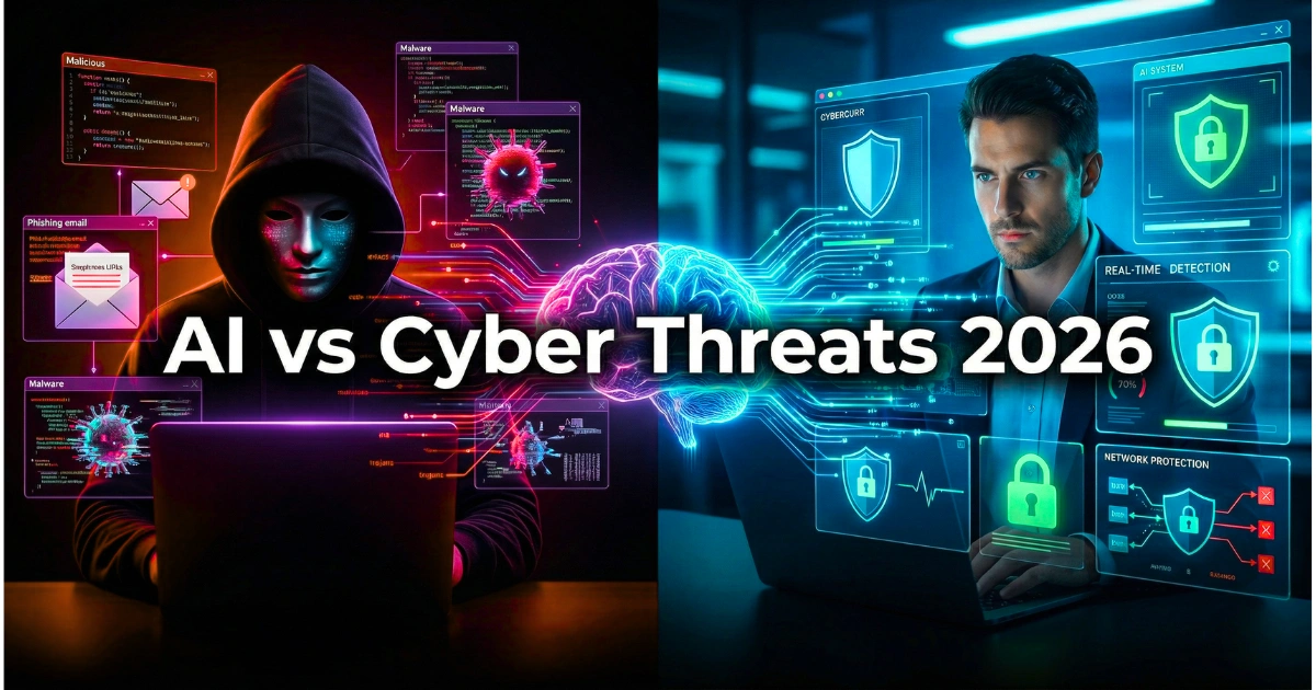 AI in cybersecurity 2026 showing hacker vs defender with AI-powered cyber attacks and security systems