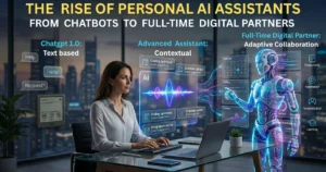 Personal AI assistant evolution from chatbot to full-time digital partner with holographic interface