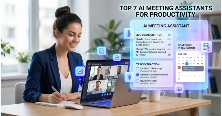 AI meeting assistant interface showing live transcription, task extraction, and calendar integration during a virtual meeting