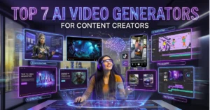 AI content creator using futuristic video generation tools with multiple screens showing avatars, animations, and editing timelines.