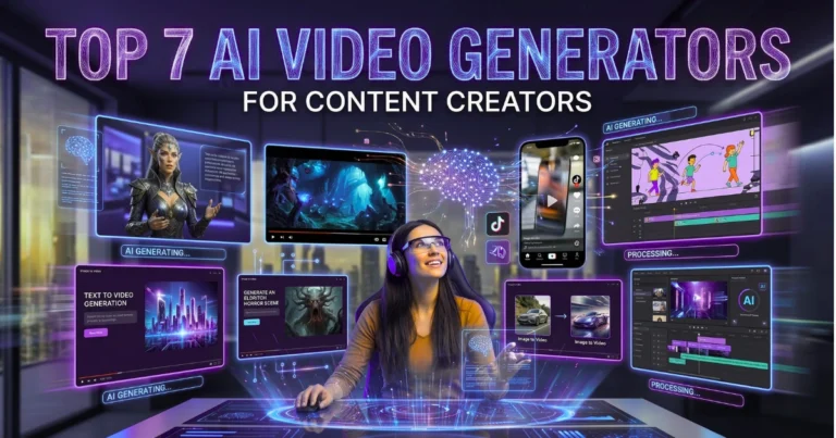 AI content creator using futuristic video generation tools with multiple screens showing avatars, animations, and editing timelines.