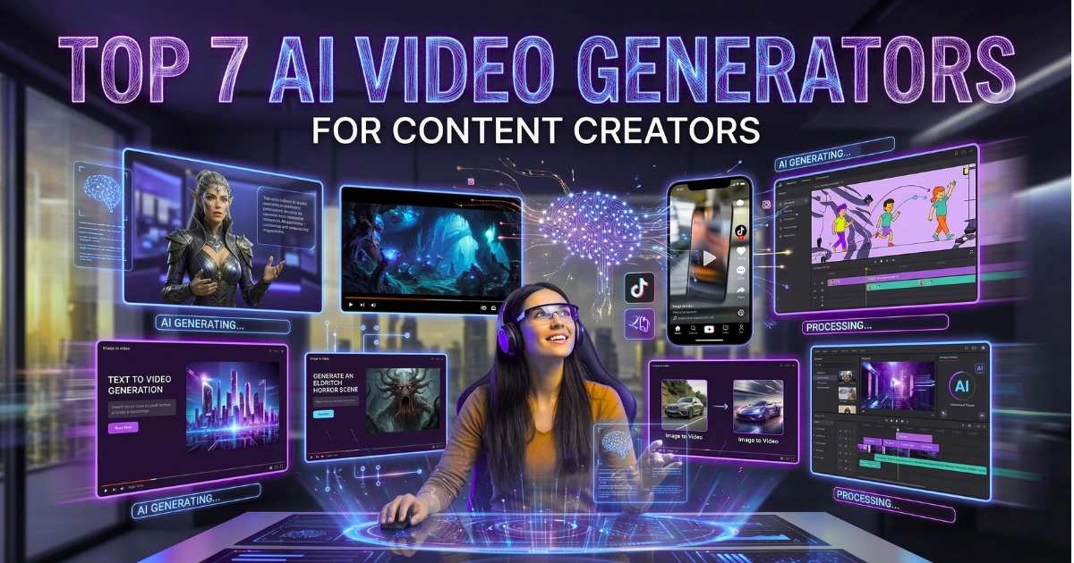 AI content creator using futuristic video generation tools with multiple screens showing avatars, animations, and editing timelines.