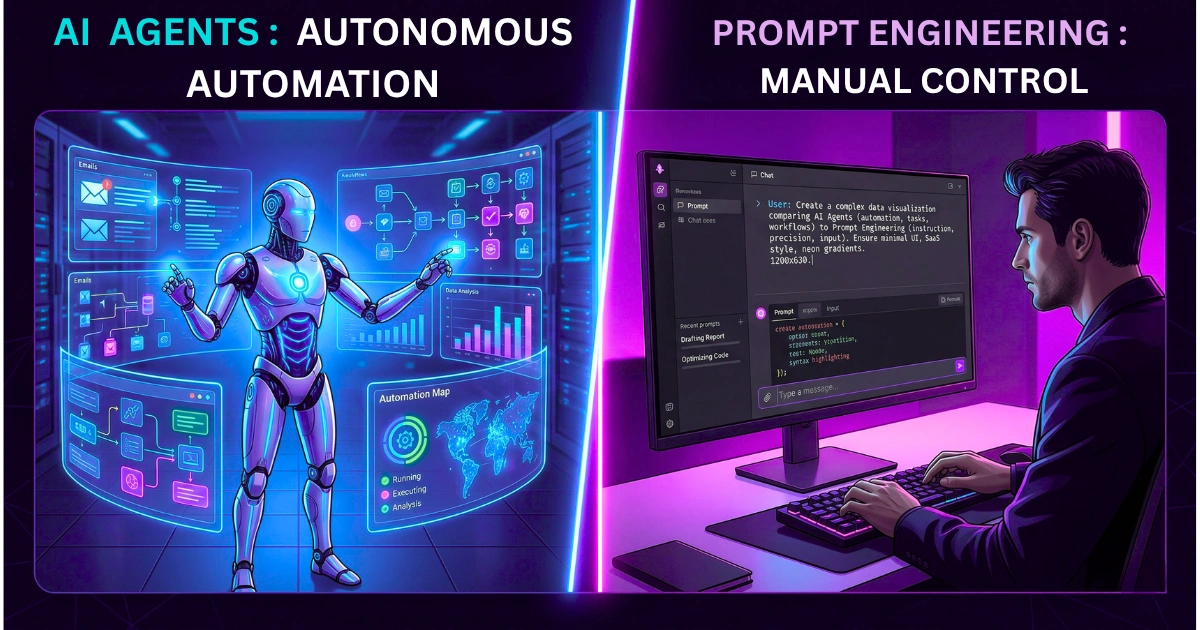 AI Agents vs Prompt Engineering in 2026 comparing automation workflows and manual AI prompting