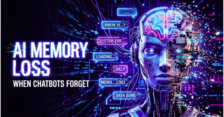 “AI memory loss concept showing a futuristic chatbot face glitching with disappearing data and text ‘AI Memory Loss – When Chatbots Forget’”