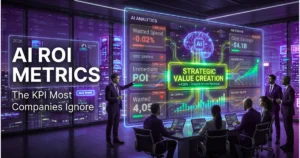 AI ROI metrics dashboard in a corporate boardroom showing highlighted KPI for strategic value creation and cost efficiency