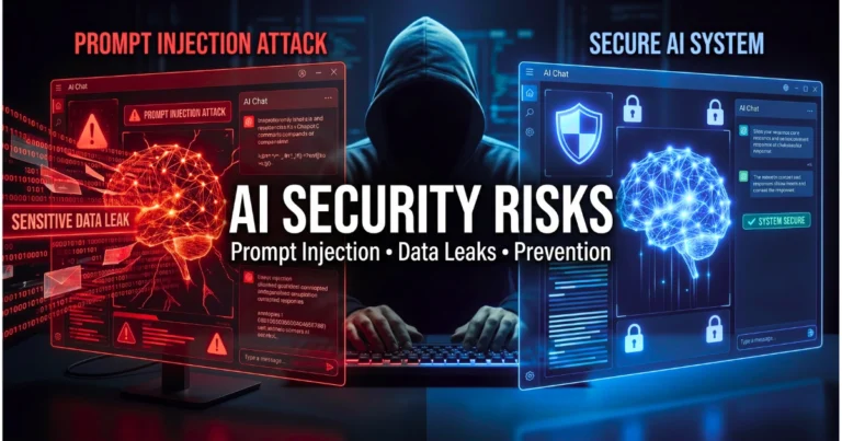 “AI security risks illustration showing prompt injection attack and data leak on one side and a secure AI system with protection on the other.”