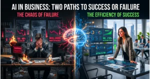 AI strategy for businesses showing failed AI projects with losses vs successful AI optimization with high ROI and growth dashboards