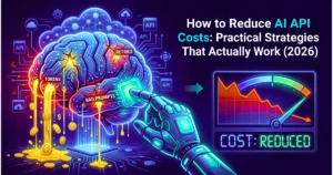 Concept art of reducing AI API costs with a glowing digital brain, token leaks, and a dashboard showing cost reduction strategies and performance optimization.