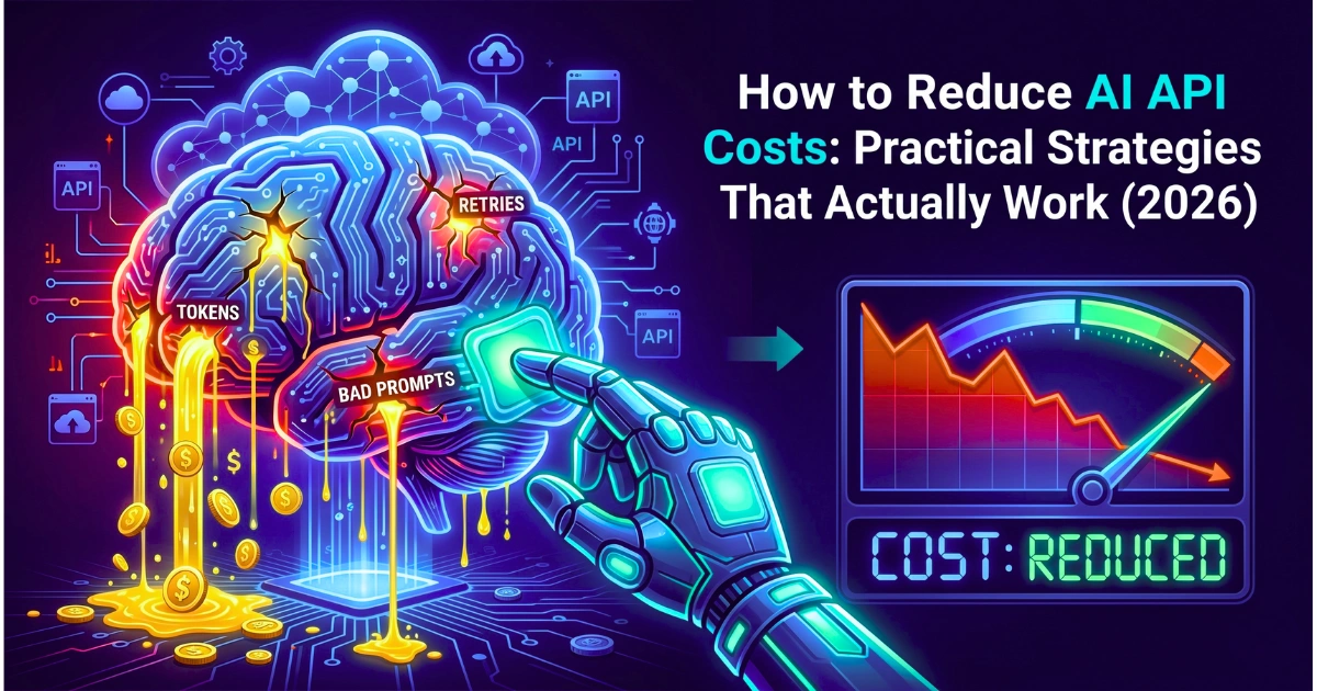 Concept art of reducing AI API costs with a glowing digital brain, token leaks, and a dashboard showing cost reduction strategies and performance optimization.
