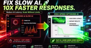 AI latency optimization comparison showing slow lagging AI vs high-speed optimized AI with faster response times, reduced latency, and improved performance for scalable applications