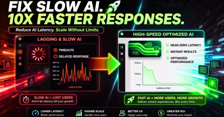 AI latency optimization comparison showing slow lagging AI vs high-speed optimized AI with faster response times, reduced latency, and improved performance for scalable applications