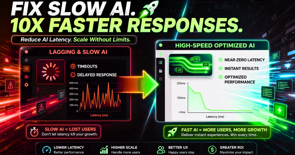AI latency optimization comparison showing slow lagging AI vs high-speed optimized AI with faster response times, reduced latency, and improved performance for scalable applications